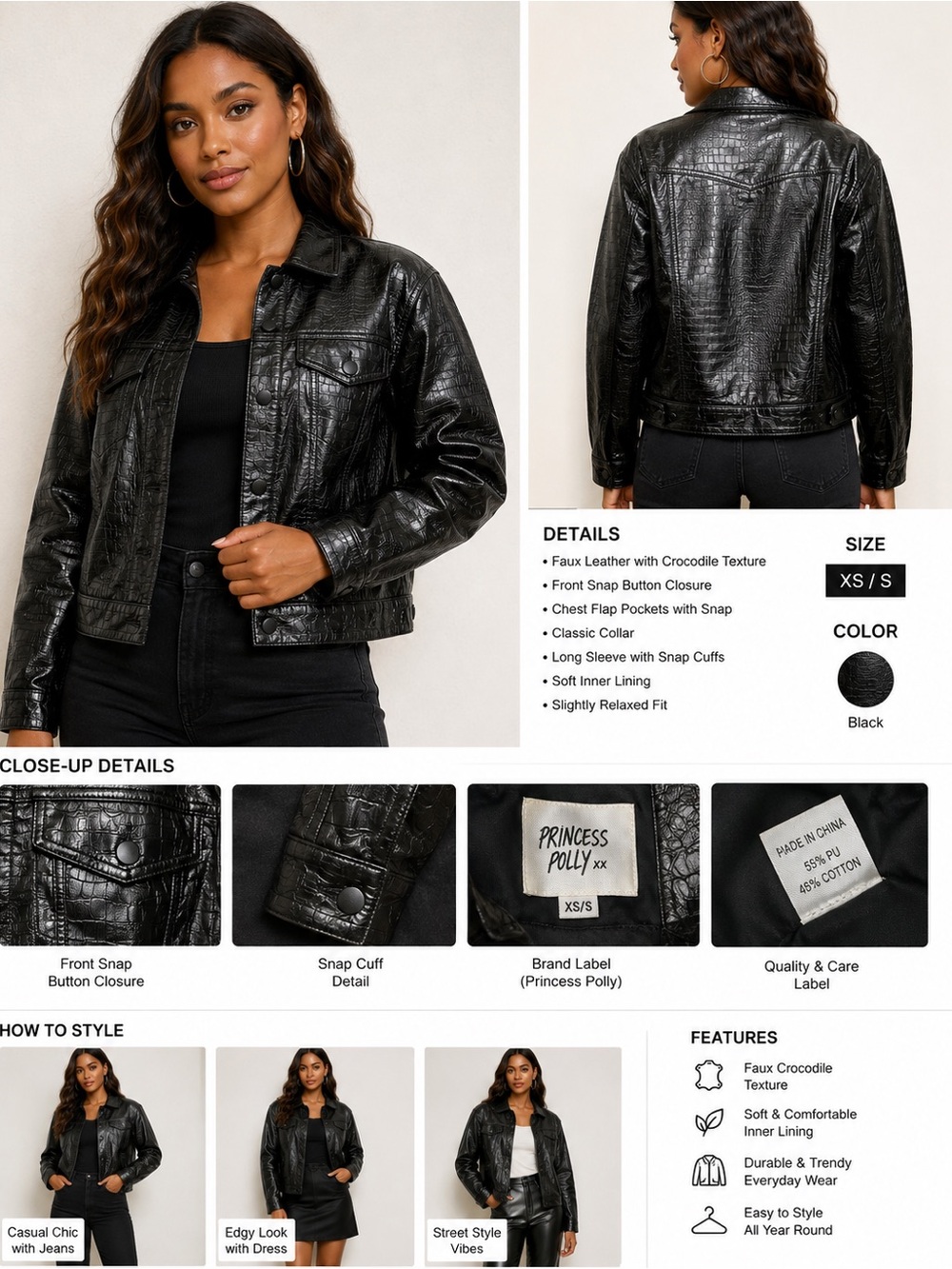 Princess Polly Black Faux Croc Leather Jacket